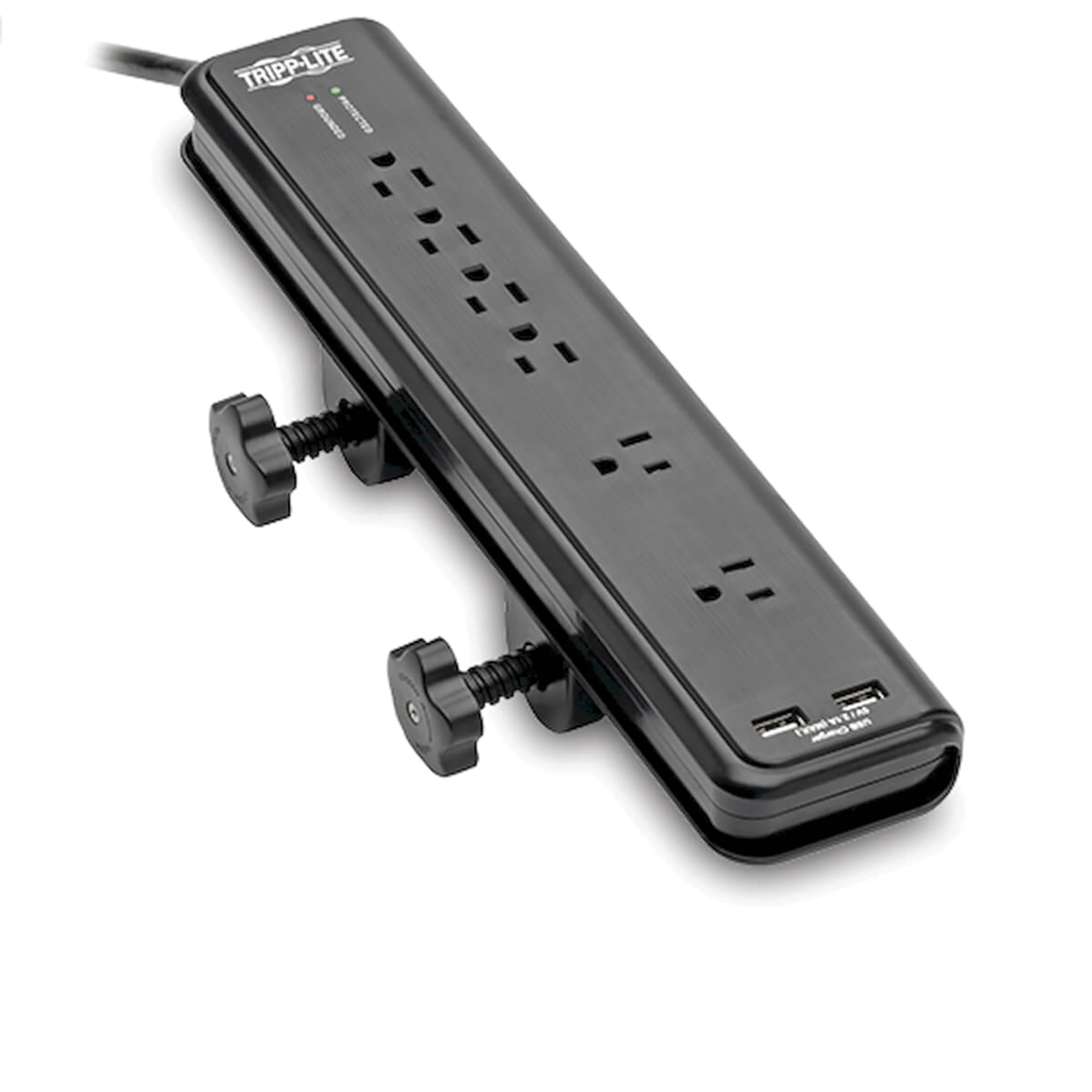Tripp Lite, 6-Outlet Surge Protector with Clamps, Cord Length 6 ft, Cable Gauge 14 Amps 15 Model# TLP606DMUSB